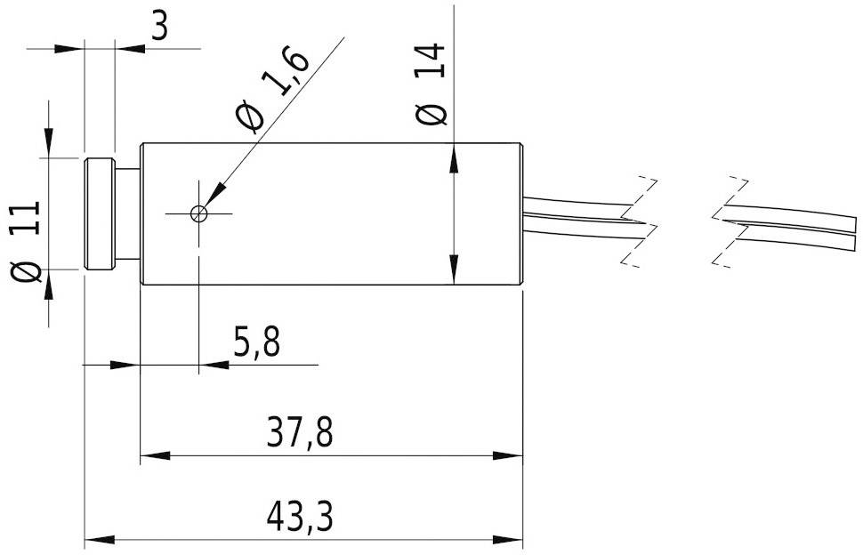 Teknisk tegning af en cylindrisk del med følgende mål: Længde 43,3 mm, diameter 11 mm og 14 mm, med kabelstik.