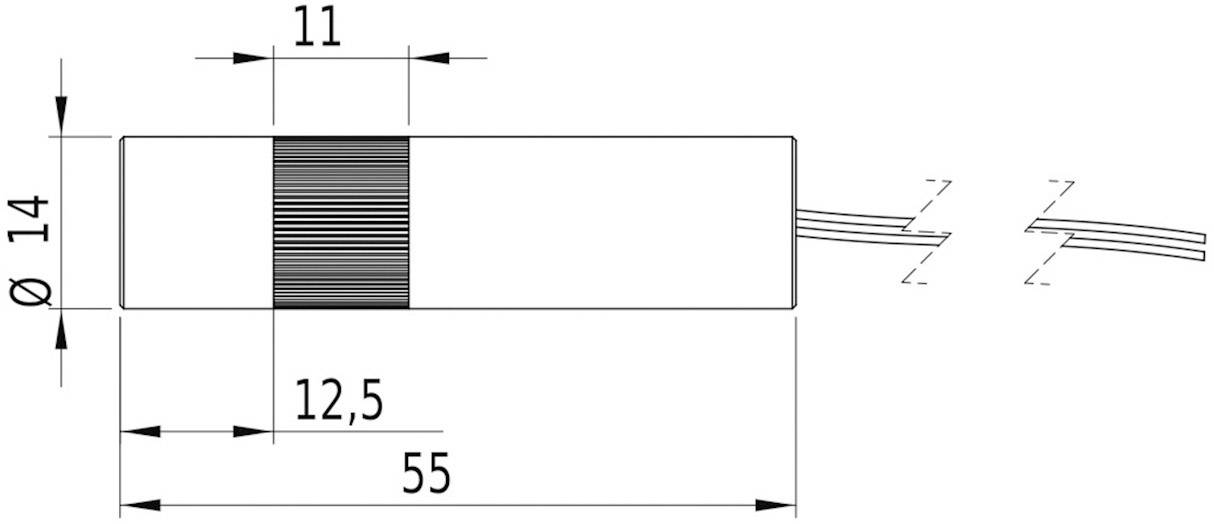 Illustration af en cylindrisk komponent med mål: Diameter 14, Længde 55, markerede sektioner ved 11 og 12,5 mm. To ledninger i højre side.