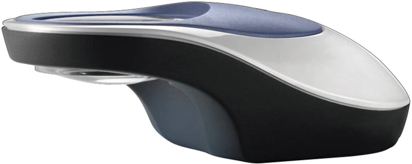 Computermuse med ergonomisk design i sort og blå. Sidevisningen viser en flydende form og glat overflade, som understreger komforten.