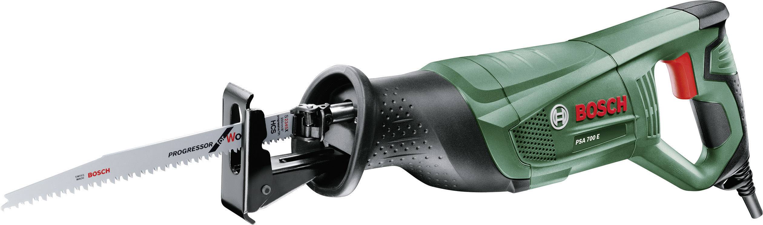 Grøn Bosch stiksav med rødt håndtag og Bosch-logo, egnet til træ- og metalskæring, ligger på en hvid baggrund.