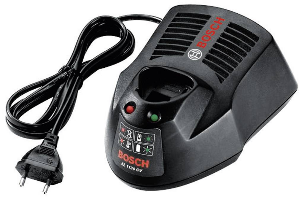 Et Bosch akkuoplader med en EU-stik. To kontrollamper viser opladningsstatus. Kompatibel med forskellige Bosch-batterier.