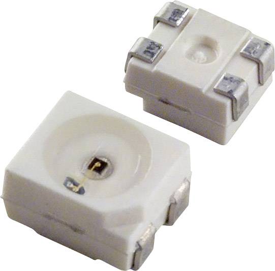 To Danish:<br><br>'To hvide SMD-LED'er i firkantet form med fire tilslutninger. En LED viser oversiden med linse, den anden bagsiden.'