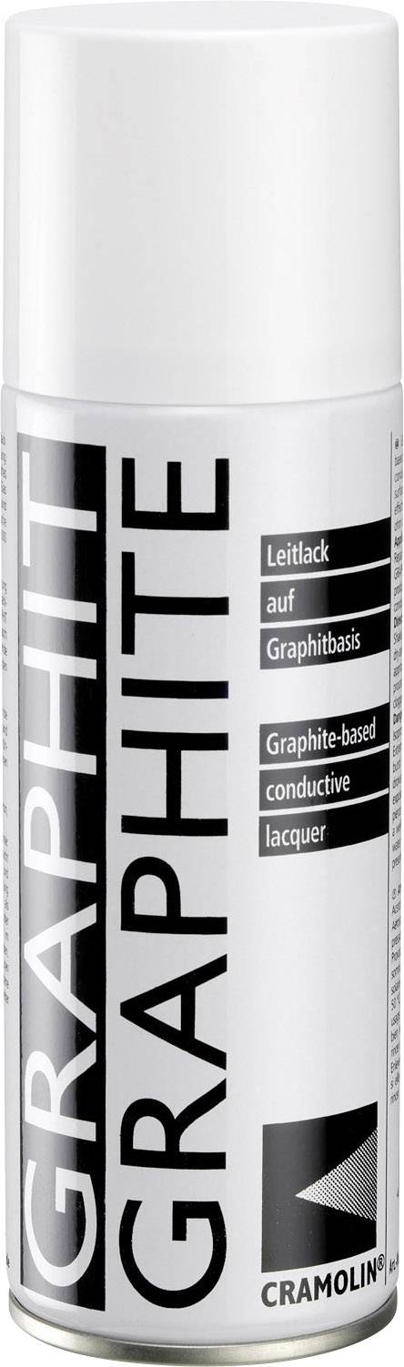 Spraydåse med påskriften 'GRAFIT'. Indeholder ledende lak på grafitbasis, mærke Cramoline.