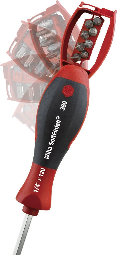 'Wiha SoftFinish' skruetrækker med rødt håndtag, som viser ekstra bits i den drejelige holder øverst på værktøjet.