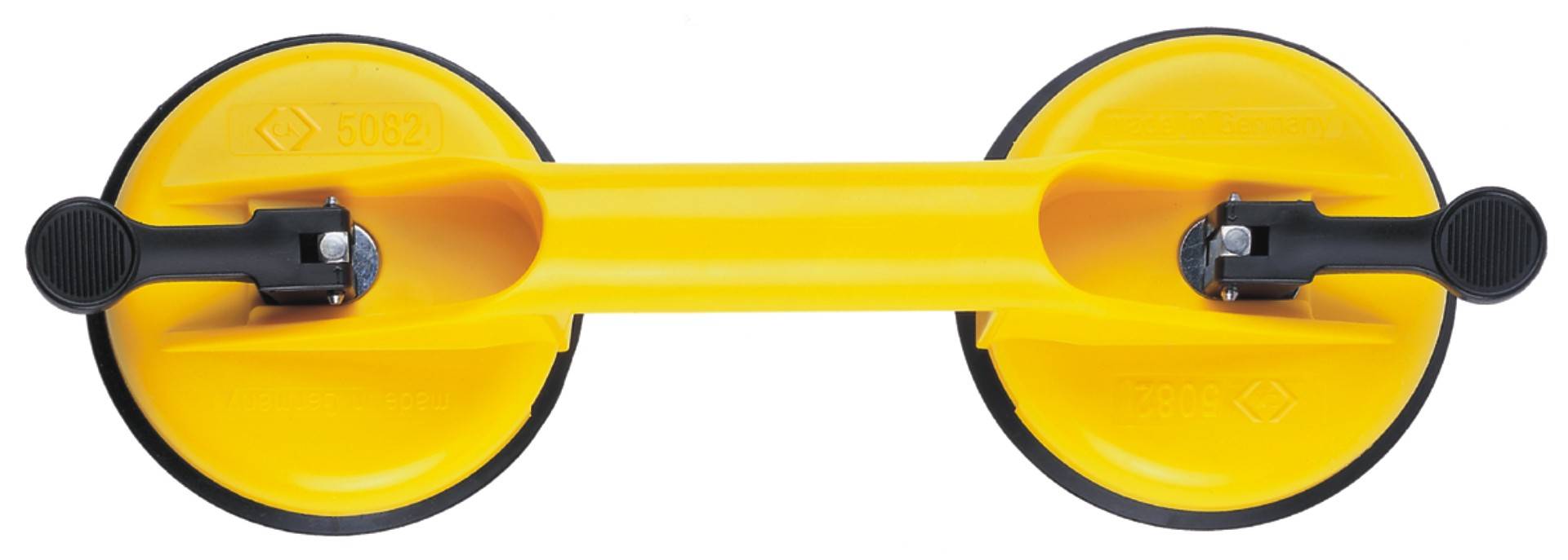 Gul dobbelt sugegreb med to sugekop, egnet til løft og flytning af glatte overflader som glas eller metal.