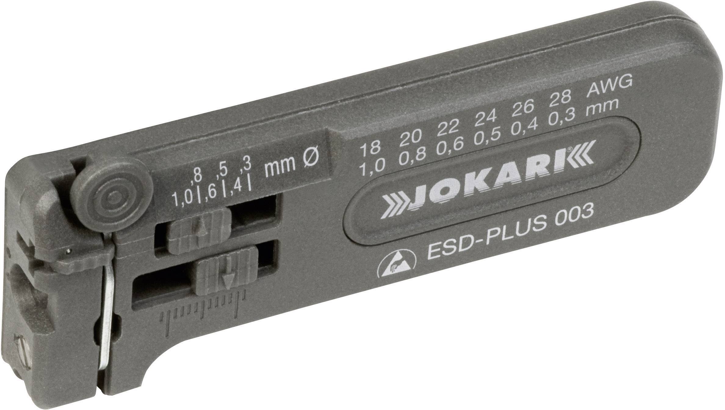 Kabelafisoleringsværktøj 'ESD-PLUS 003' fra Jokari, sort plastikkonstruktion med måleskalaer til kabler med diameter fra 0,2 til 8 mm.