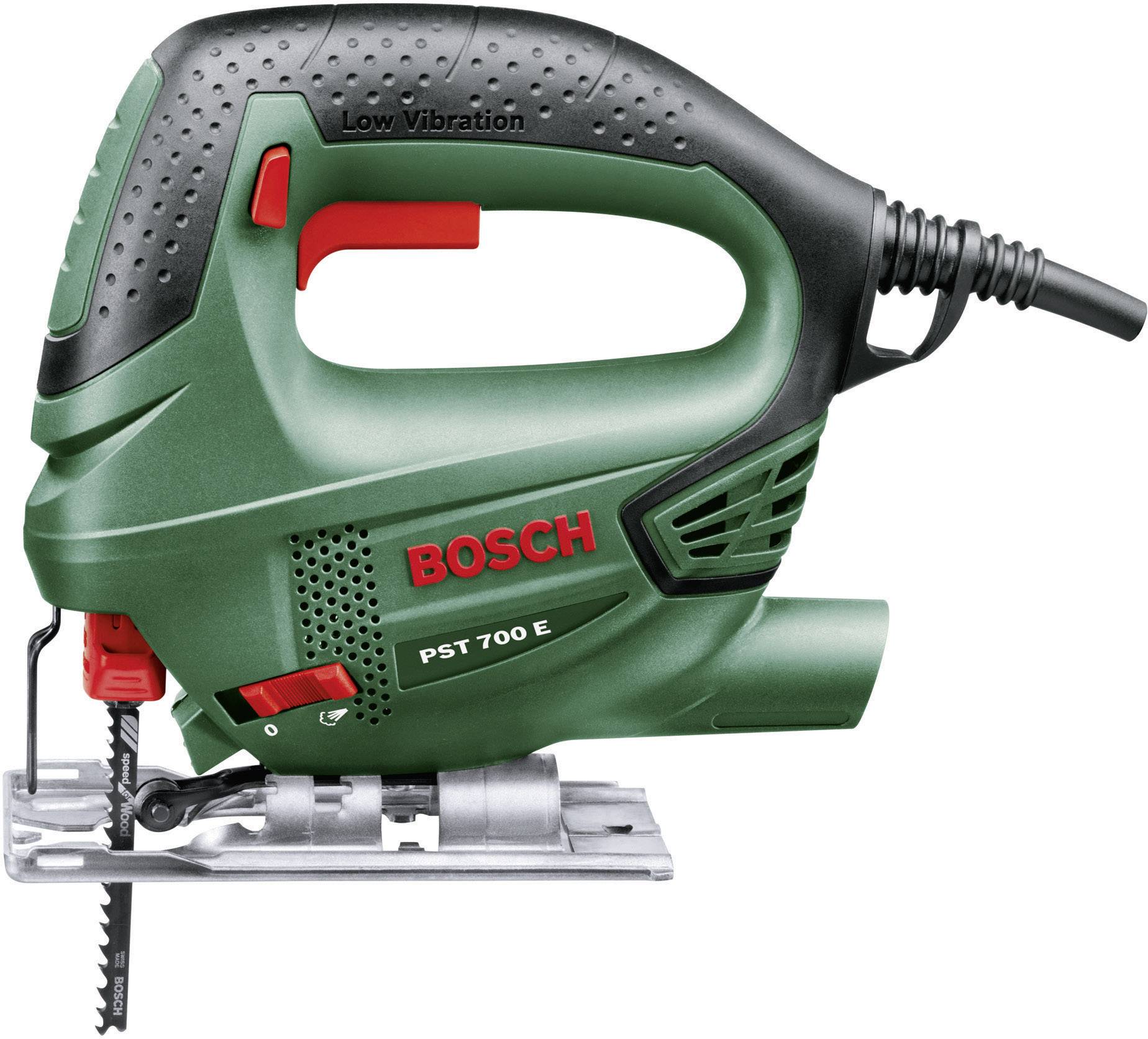 Grøn Bosch stiksav PST 700 E med ledning og ergonomisk greb, velegnet til gør-det-selv-projekter.