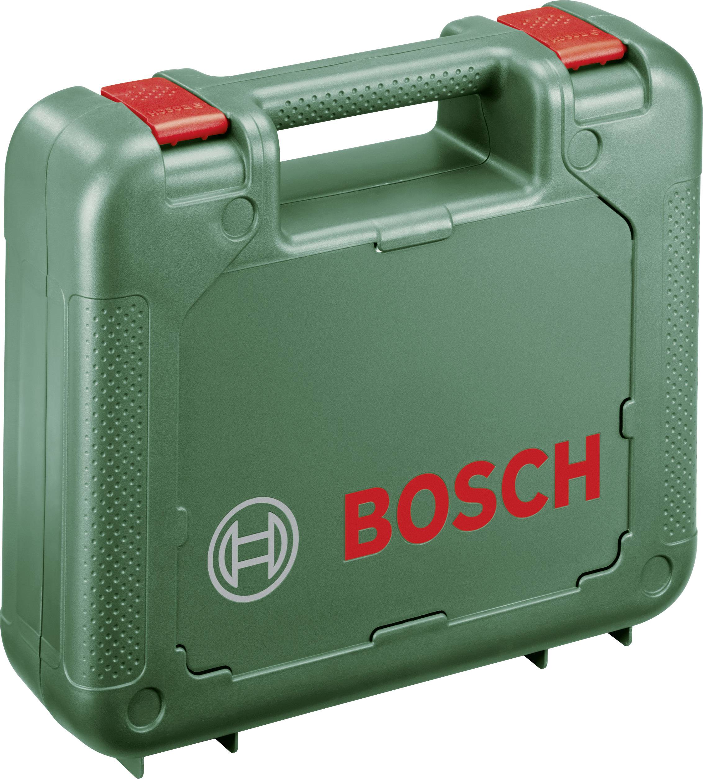 Grøn Bosch-værktøjskasse i plast med røde låse og logo.