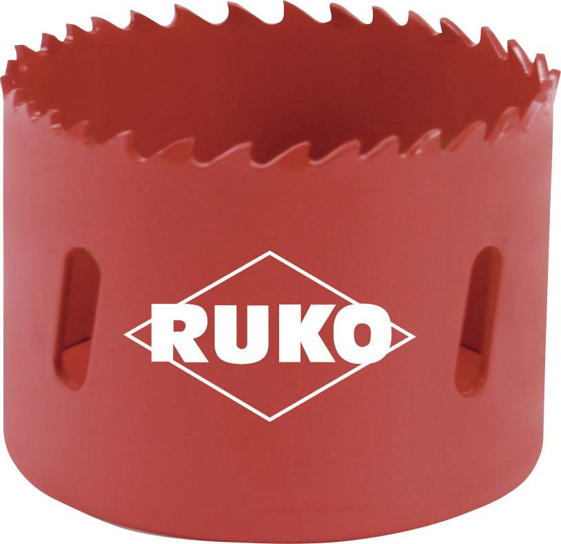 Rød hulsav med 'RUKO' påskrift, savtakket skærerand, cylinderformet, egnet til præcise boreoperationer i forskellige materialer.