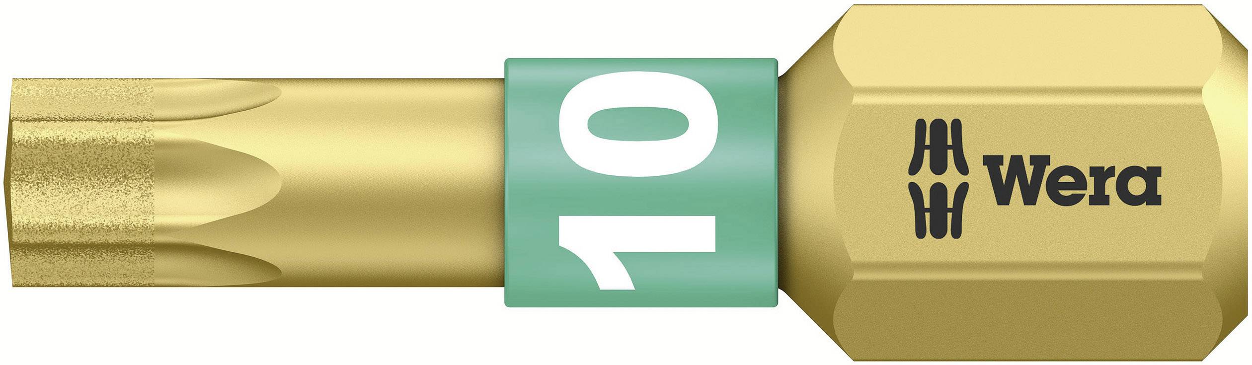 Bitsskruetrækker fra Wera, guldfarvet, med grøn-hvid '10' markering.