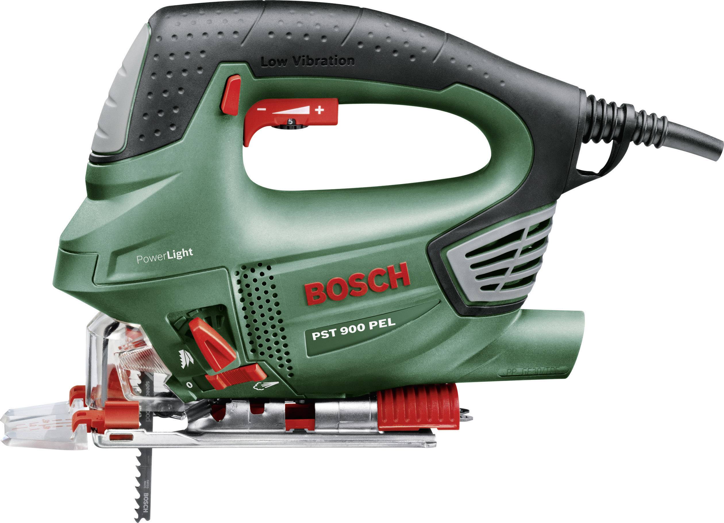 En grøn Bosch stiksav PST 900 PEL med røde og sorte detaljer, velegnet til gør-det-selv-projekter.