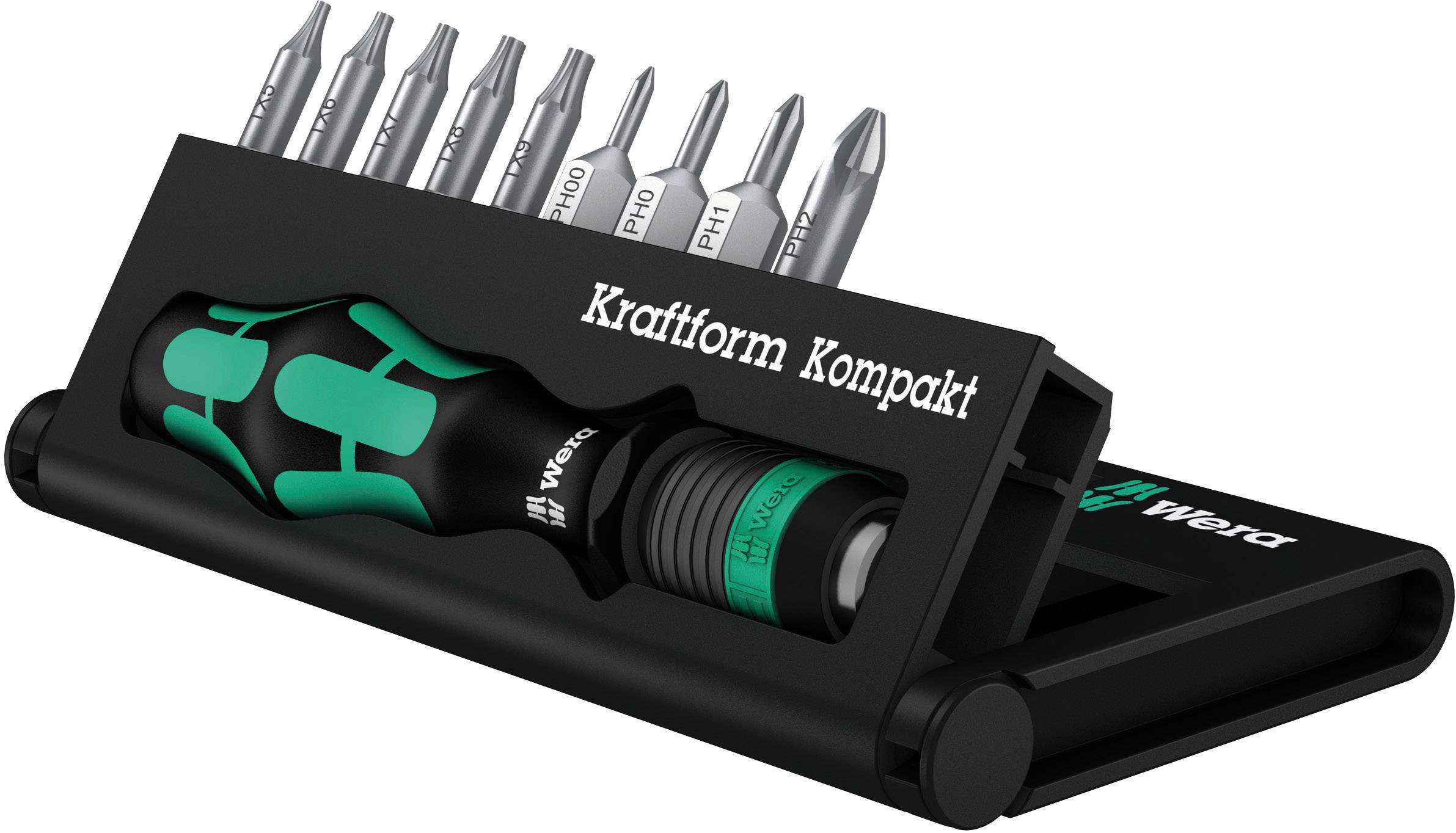 Et sæt skruetrækker-bits i et bærbart etui, med et ergonomisk håndtag og påskriften 'Kraftform Kompakt'.