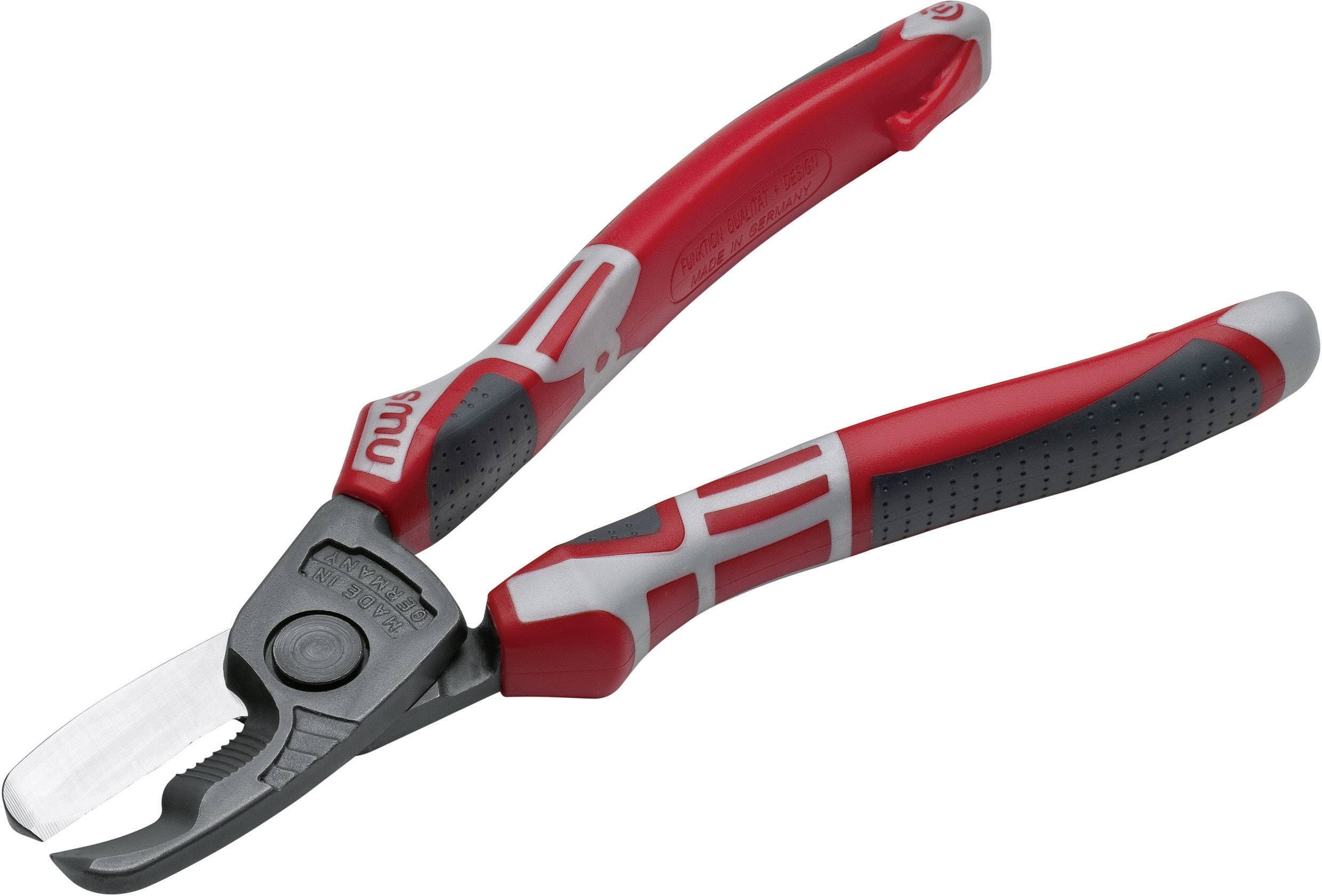 Rød og sort kabelsaks med ergonomiske håndtag og skarp klinge, egnet til at klippe elektriske kabler.