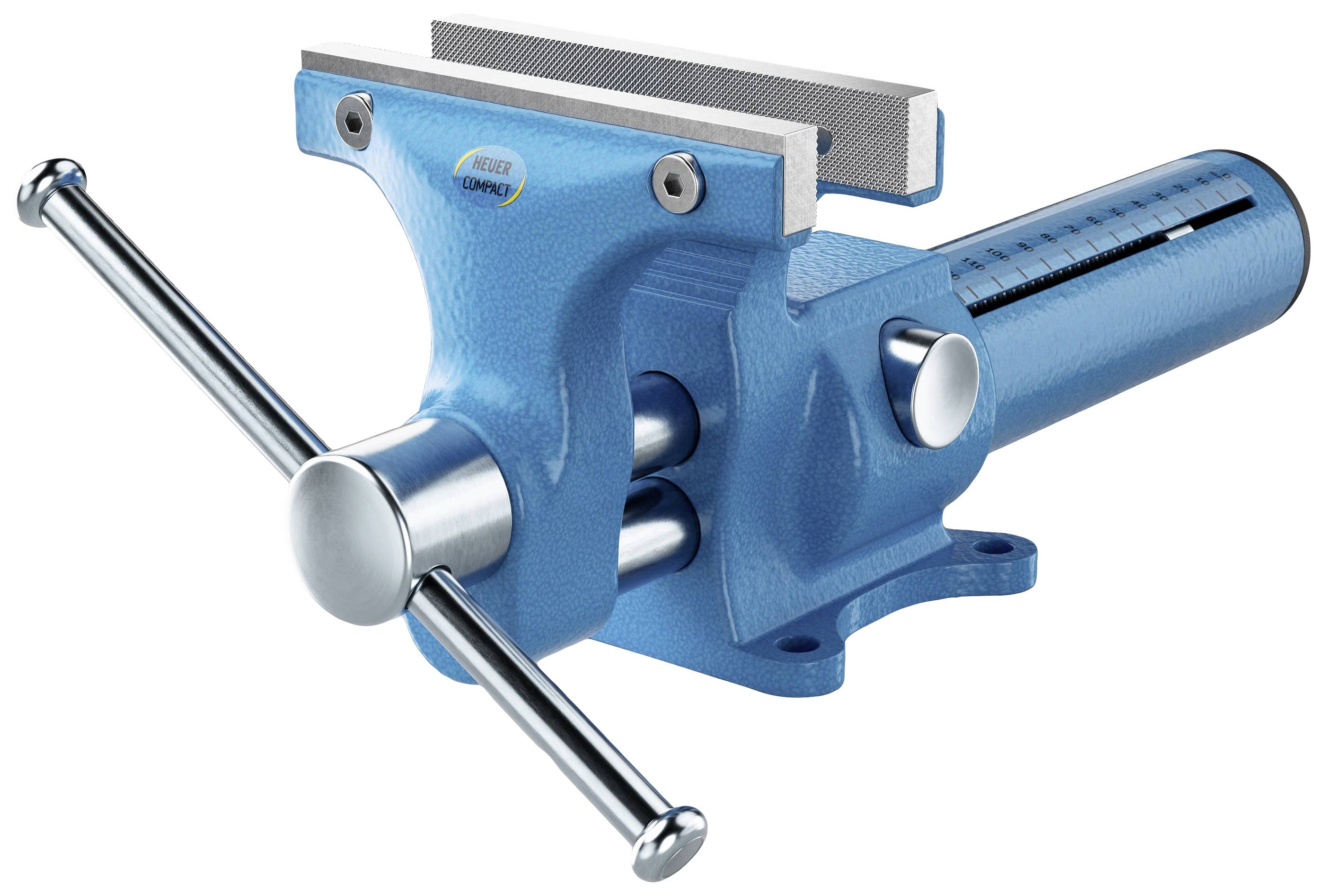 Blå skruestik med sølvfarvede spindler på hvid baggrund, bruges til at holde arbejdsemner fast på stedet.