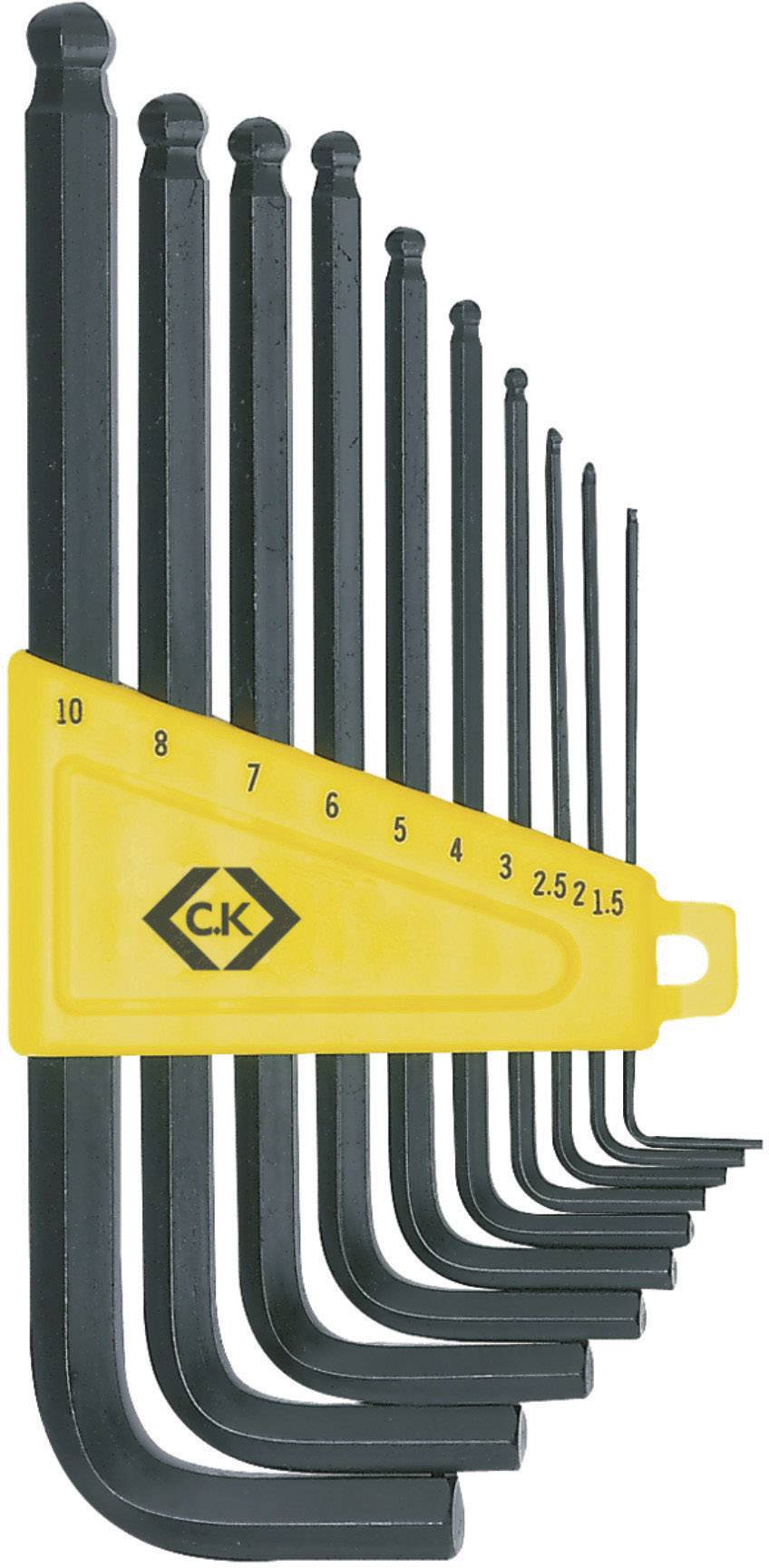 Et sæt unbrakonøgler, nummereret fra 1,5 til 10, i en gul holder med logo, sorteret efter størrelse.