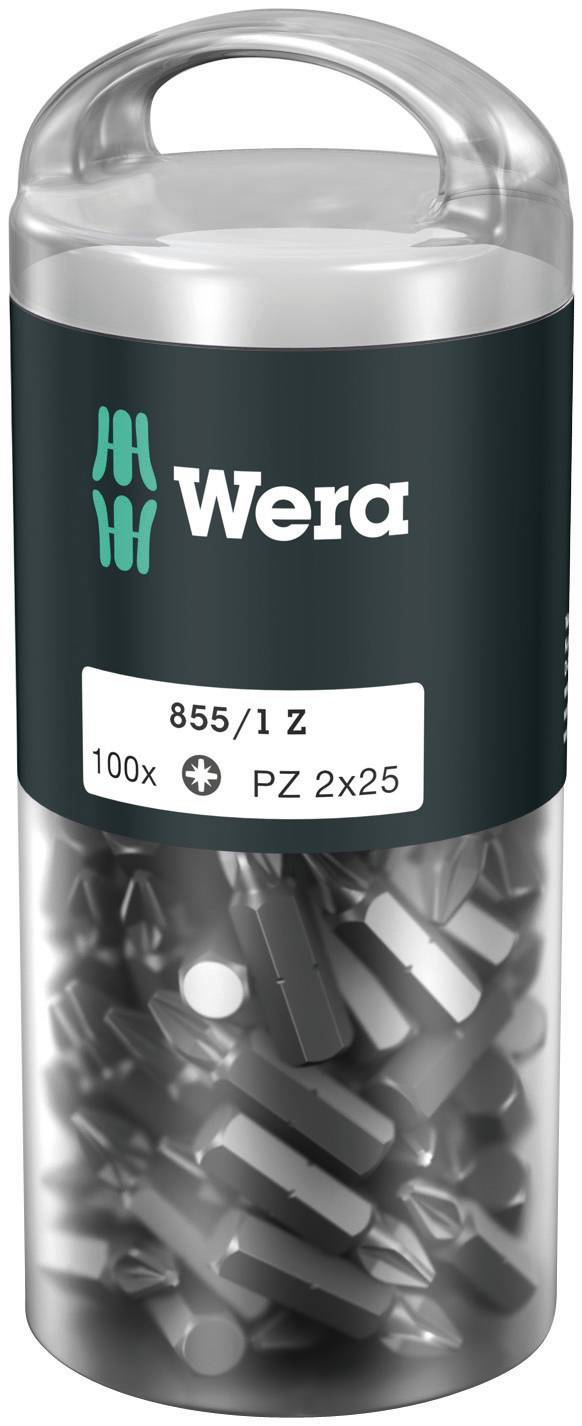 Transparent plastboks med 100 Wera PZ 2x25 bits.