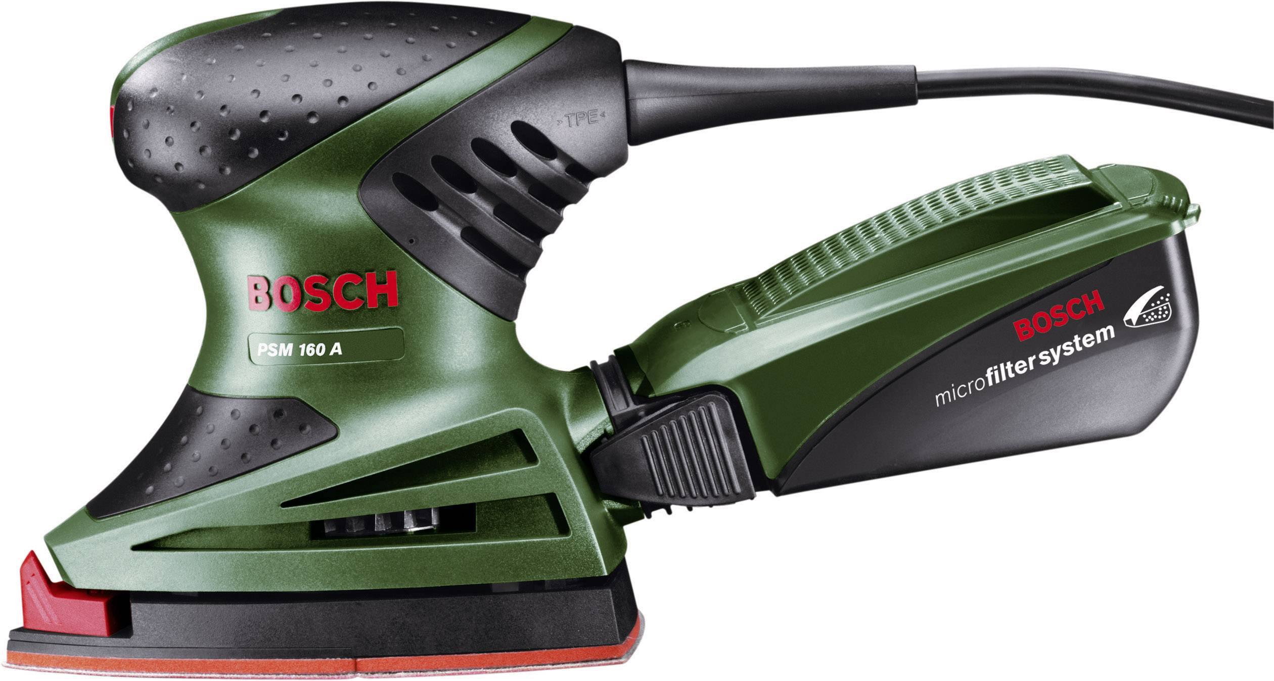 Grüner Bosch PSM 160 A rysteslibemaskine med ergonomisk greb, rød slibehoved og integreret mikrofiltersystem. Ideel til præcis slibning.
