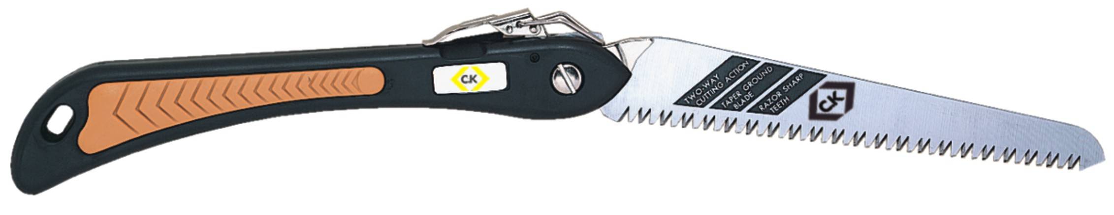 Foldbar sav med ergonomisk håndtag og tandet klinge, velegnet til have- eller udendørsopgaver.