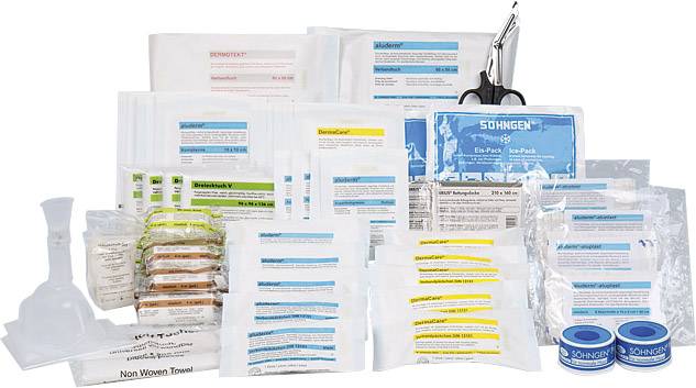 Førstehjælpssæt med plaster, forbindinger, saks og gazebind. Indeholder forskellige forbindingsmaterialer til nødsituationer.