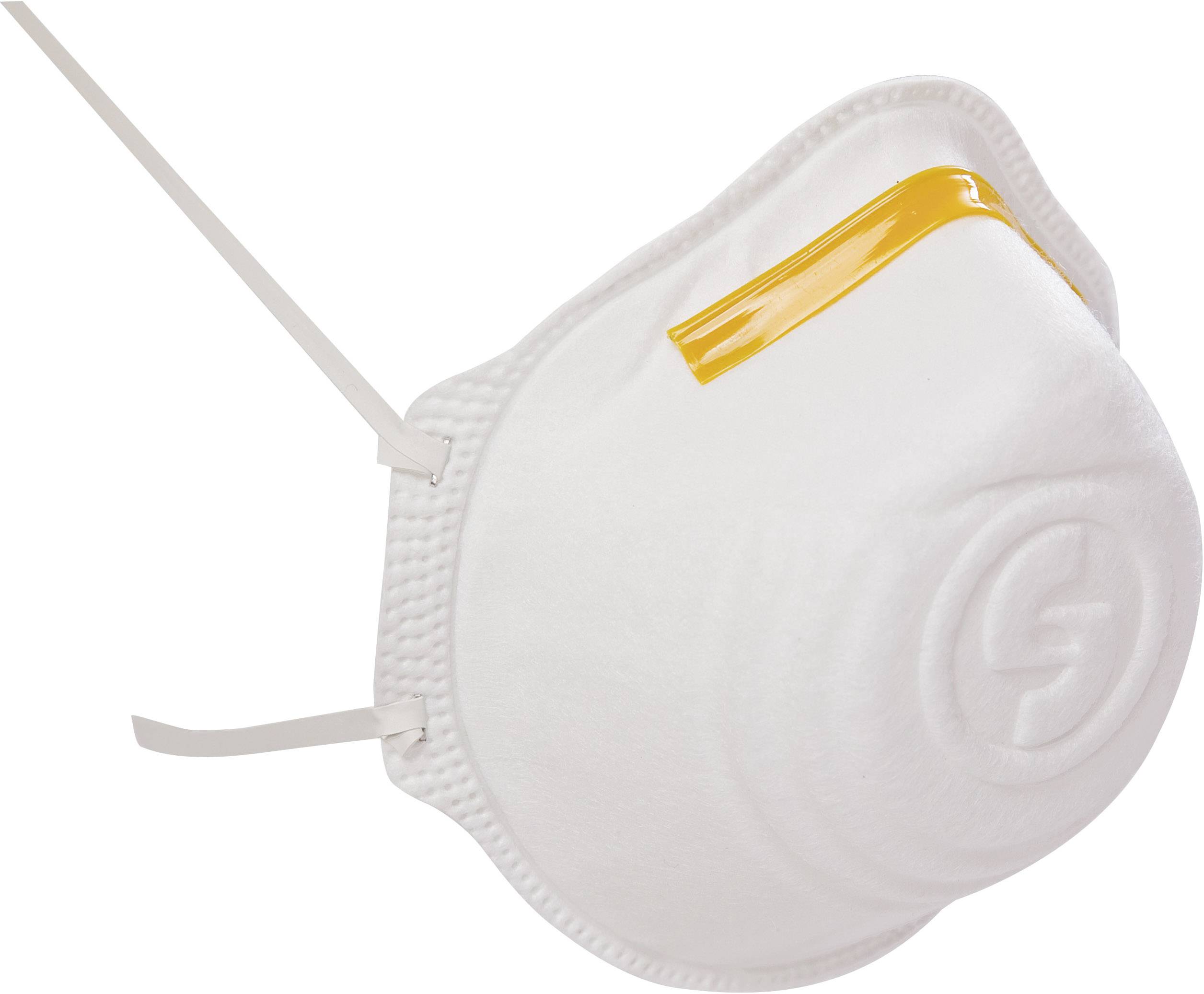 Åndedrætsmaske i hvid med gul ventilstribe, sidestrenge til fastgørelse.