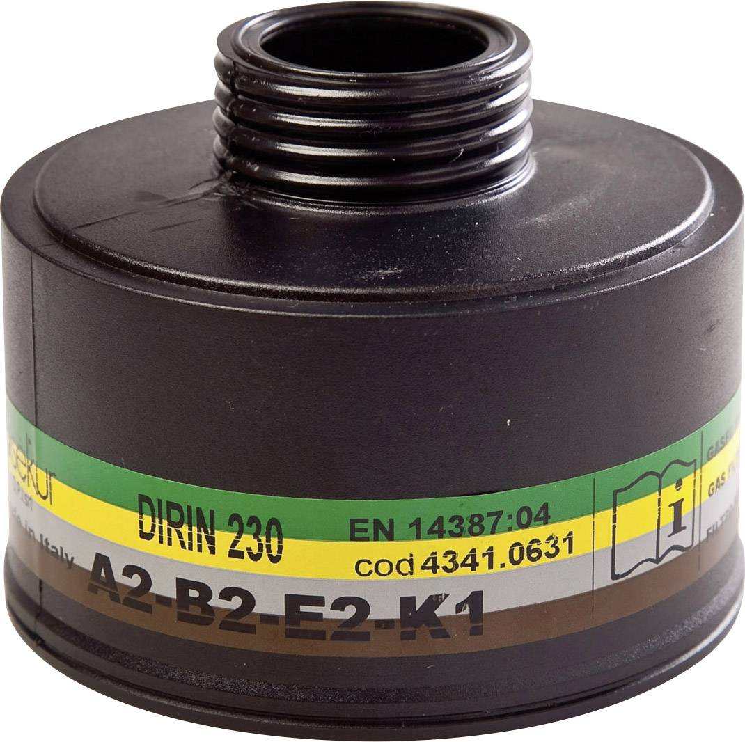 Rund sort gasfilter med påskriften 'DIRIN 230 A2-B2-E2-K1', med gul og grøn stribe. Type til åndedrætsværn.