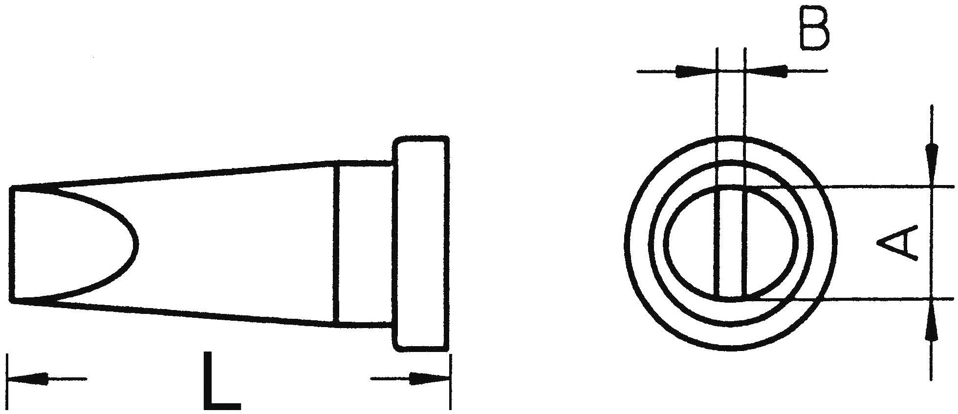 Teknisk tegning af et dysekomponent med længdemålene A, B, L. Venstre side viser sidevisning, højre side viser oversigt med placering af mål.