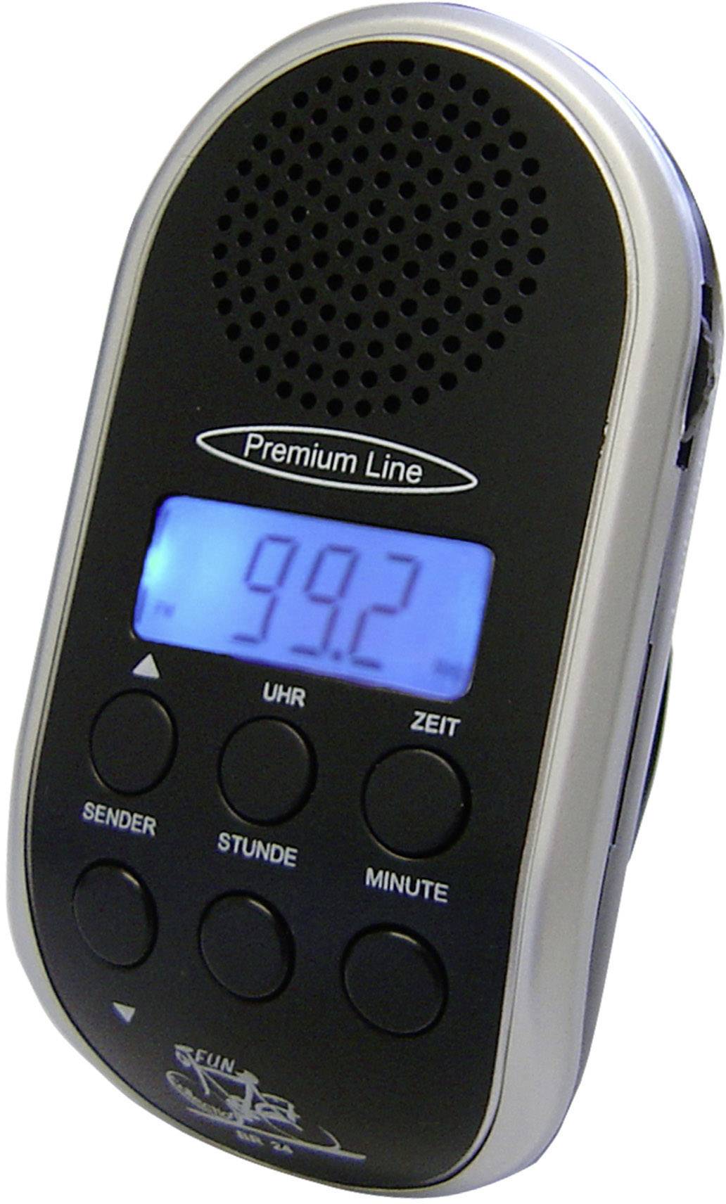 Et bærbart radio med LCD-display viser frekvensen '99.2'. Det har knapper til station, tid samt time og minut.