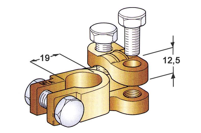 Illustration af en kabelklemme med skruer. Mål: Venstre 19 mm, højre 12,5 mm. Klemme i metaludseende, detaljeret fremstillet.