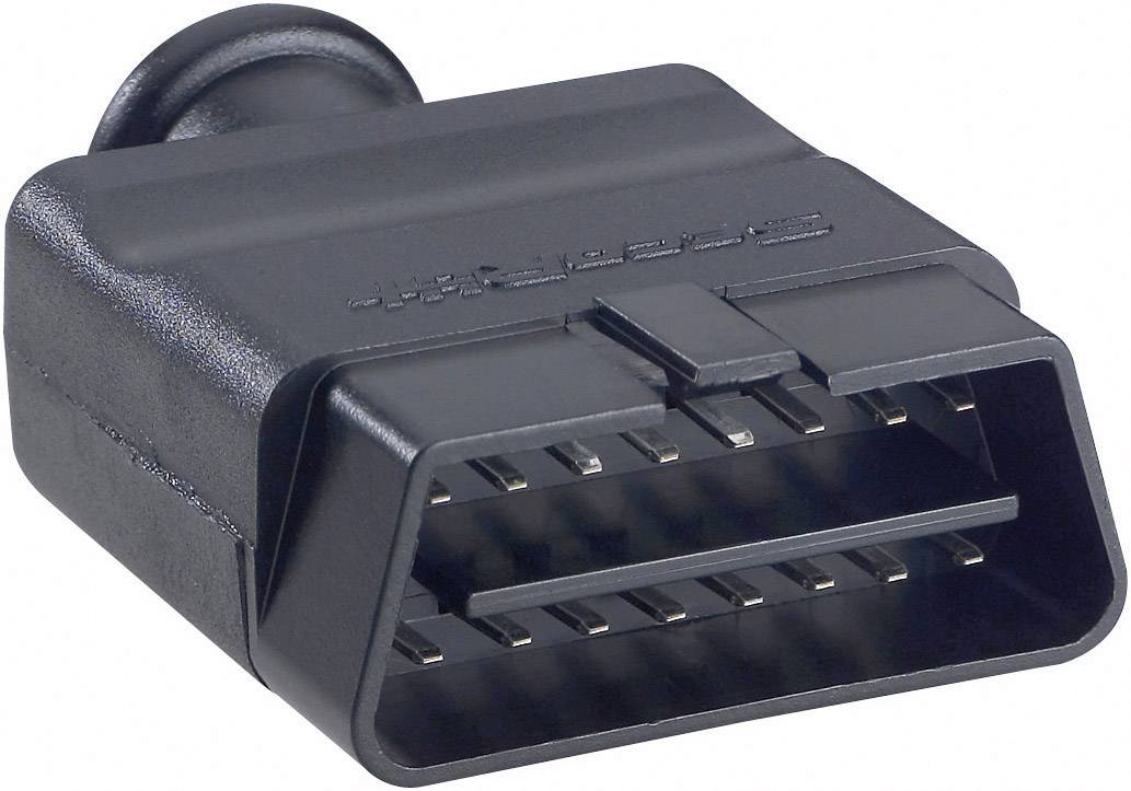 Sort OBD-II-stik med synlige metalben, bruges til køretøjsdiagnose og dataoverførsel i biler.
