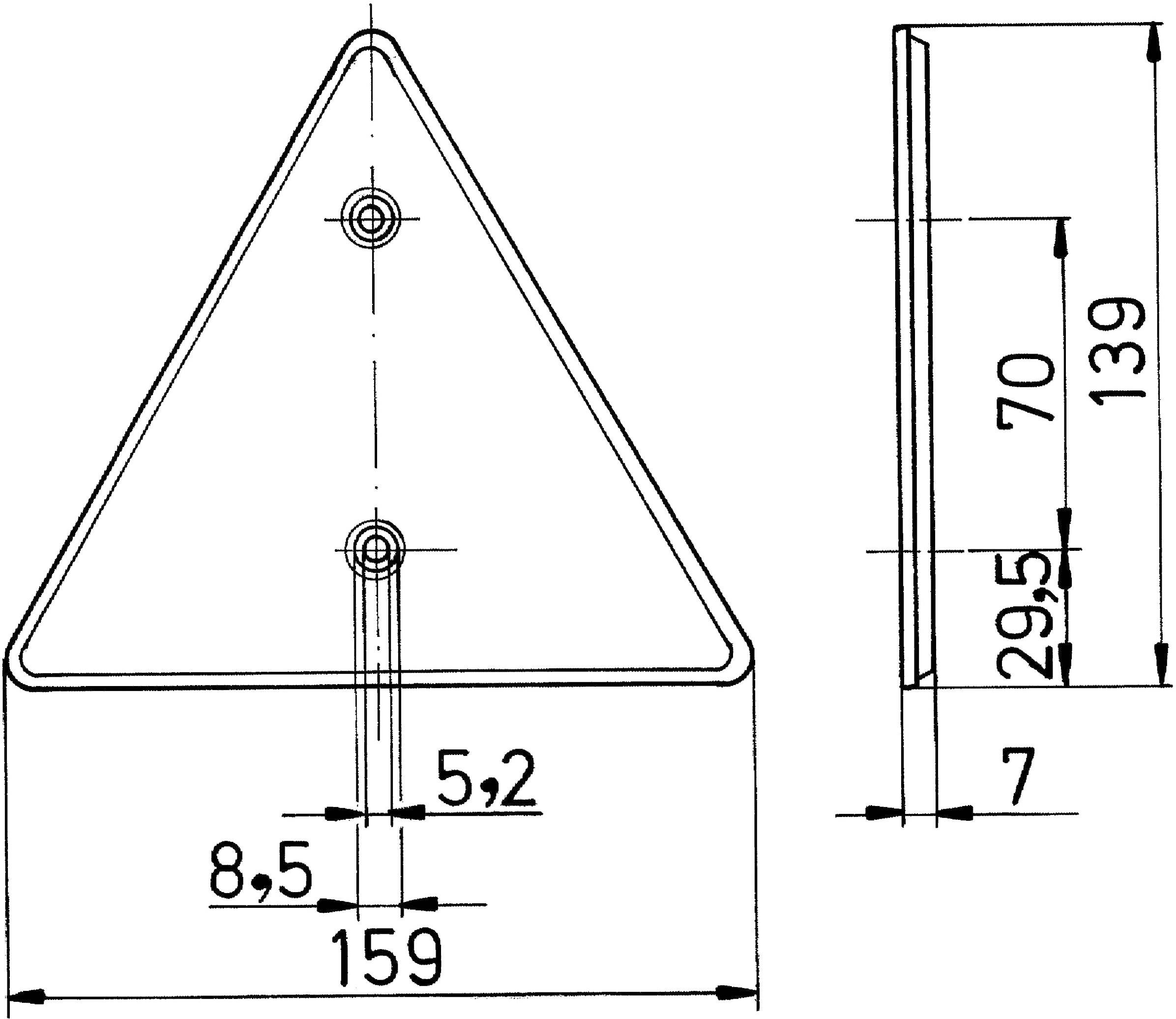Teknisk tegning af en trekantet genstand med følgende mål: Højde 139 mm, bredde 159 mm, dybde 7 mm. To boringer er markeret.