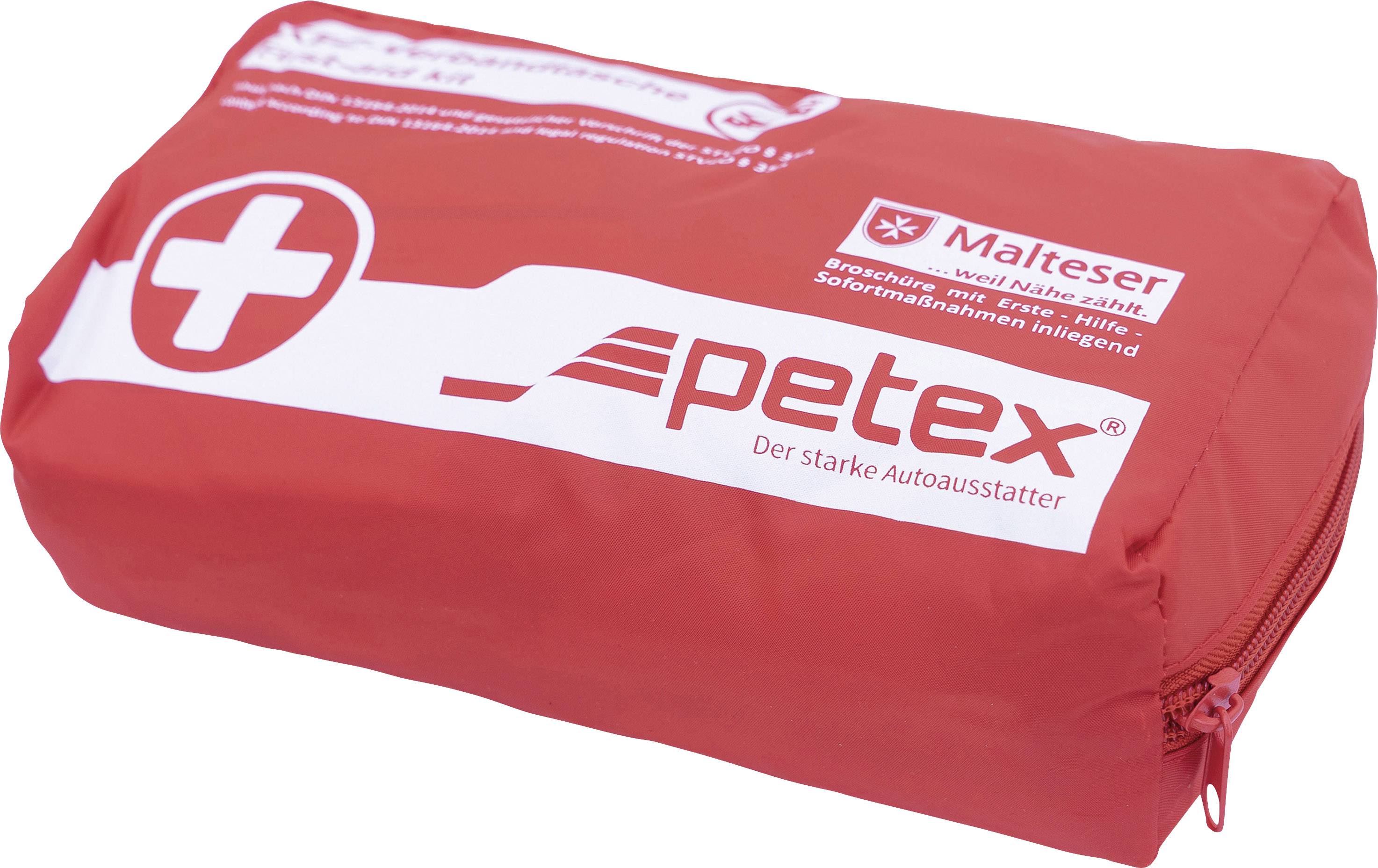 Rødt førstehjælpssæt med hvidt kors og 'petex' logo. Velegnet til nødsituationer i bilen.