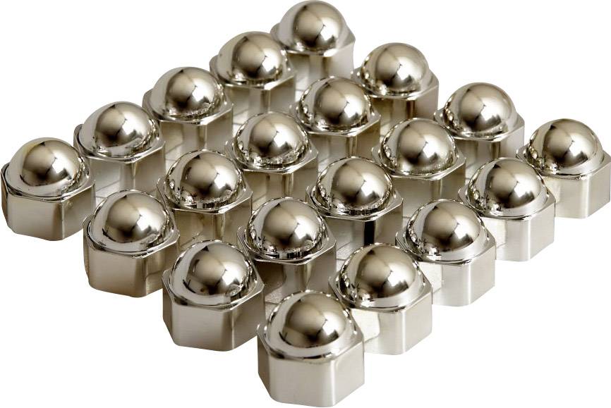 Metalliske sikkerhedsskruer med kugleformede hætter, ensartet justeret, reflekterer lys og viser industrielle anvendelsesformål.