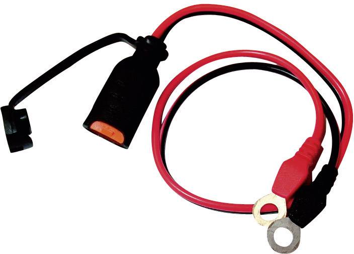 Rødt og sort strømkabel med stikforbindelse og øjer til tilslutning. Egnet til batteri- eller elektroniske forbindelser.