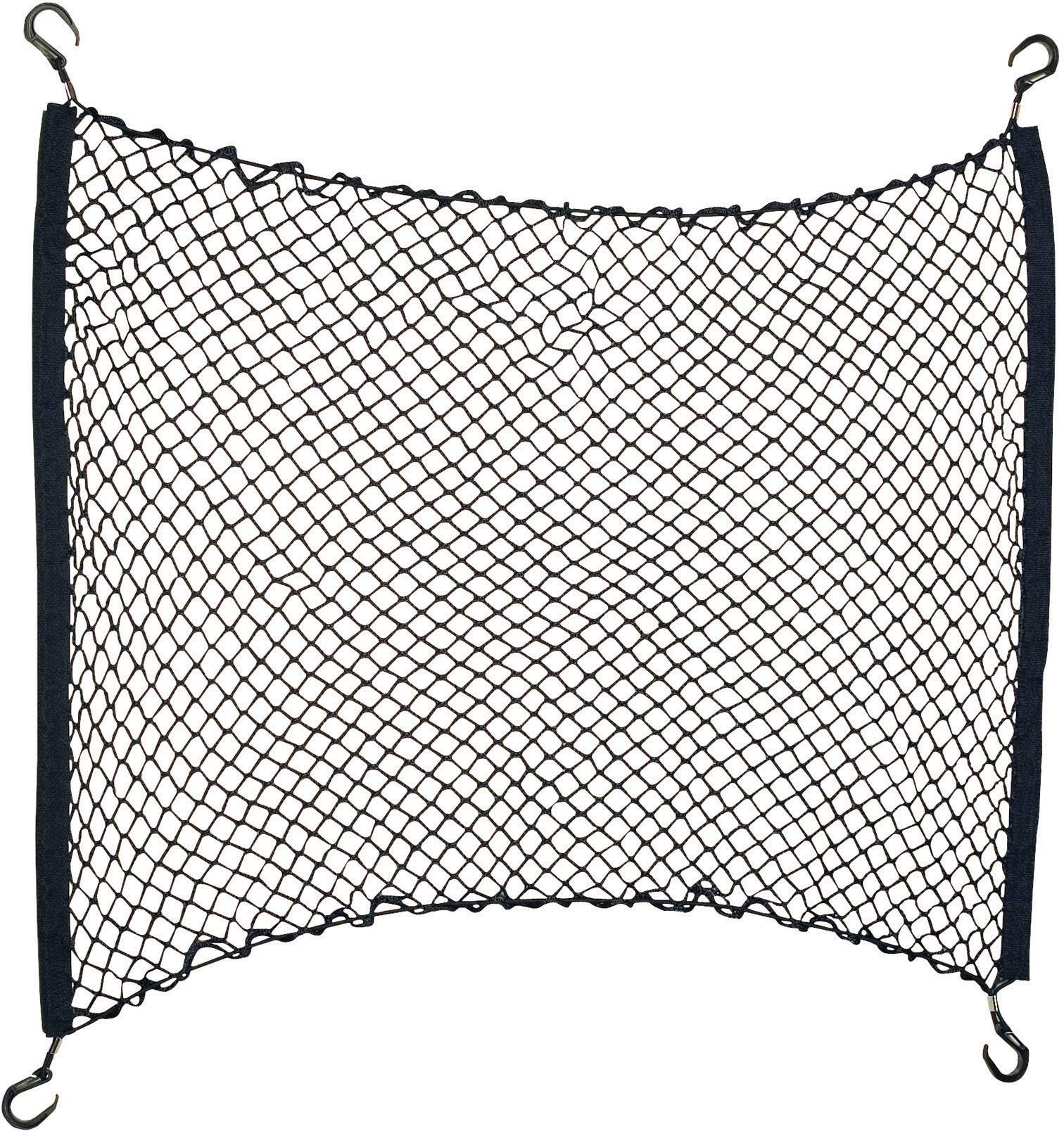 Et sort elastisk net med firkantet form, udstyret med fire kroge i hjørnerne, bruges til at sikre genstande.