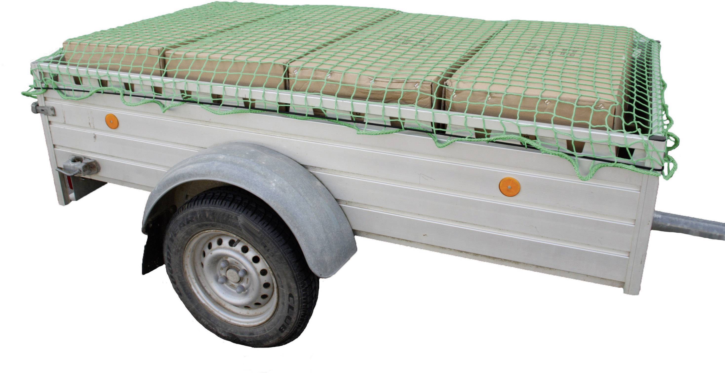 En trailer, læsset med pakker, sikret med et grønt net. Traileren har ét hjul og er fremstillet af metal.