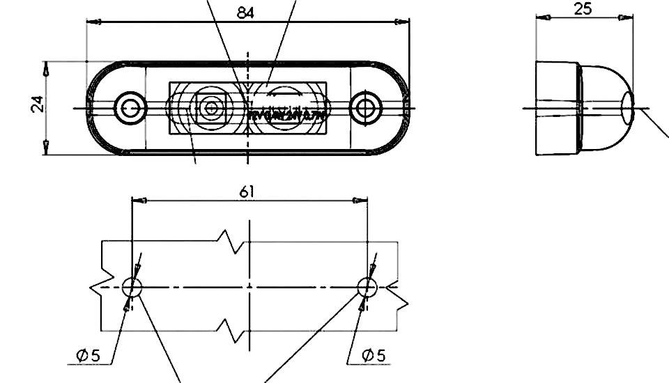 Teknisk tegning: Rektangulær komponent med dimensioner og borede huller, sidevisning viser runde endedele. Mål: 84x24mm, huller Ø5mm.