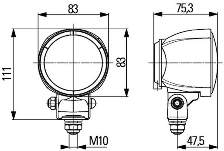 Teknisk tegning af en rund komponent med dimensioner i millimeter: Højde 111, bredde 83, dybde 47,5. Monteringsskrue M10.