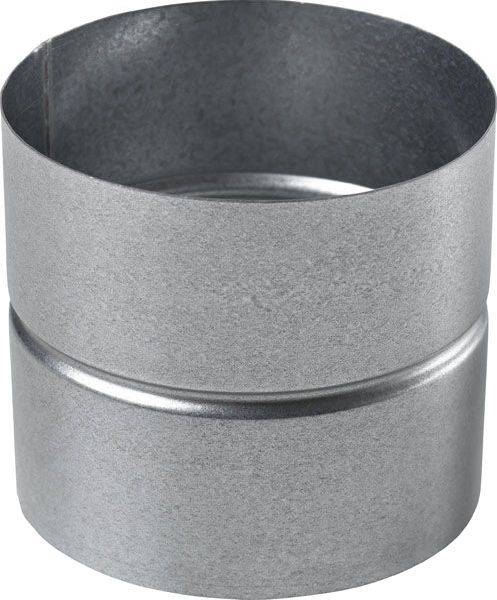 En metalrørforbinder af stål med cylindrisk form. Den har en glat overflade og fremstår robust.
