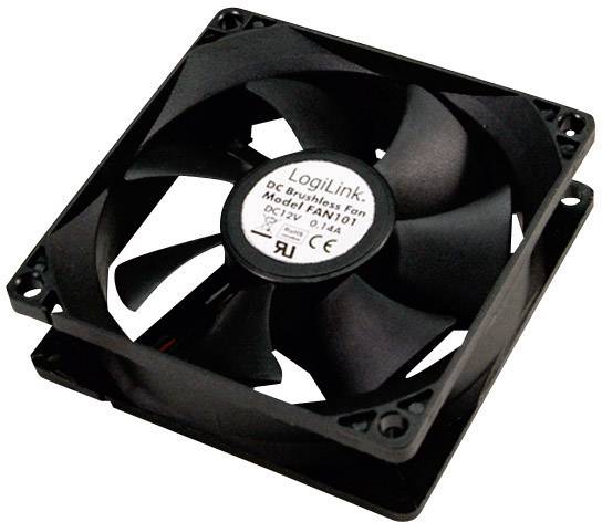 Sort DC-ventilator fra LogiLink, model FAN101, med en rund etiket i midten, som viser tekniske specifikationer og en spænding på 12V.