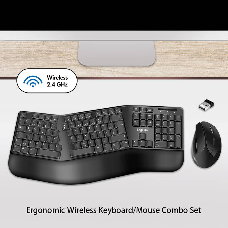 LogiLink Ergonomisk mus, WLAN-mus, Tastatur, musesæt Kabelfri Ergonomisk korrekt, Med numerisk tastatur, Integreret scro-3