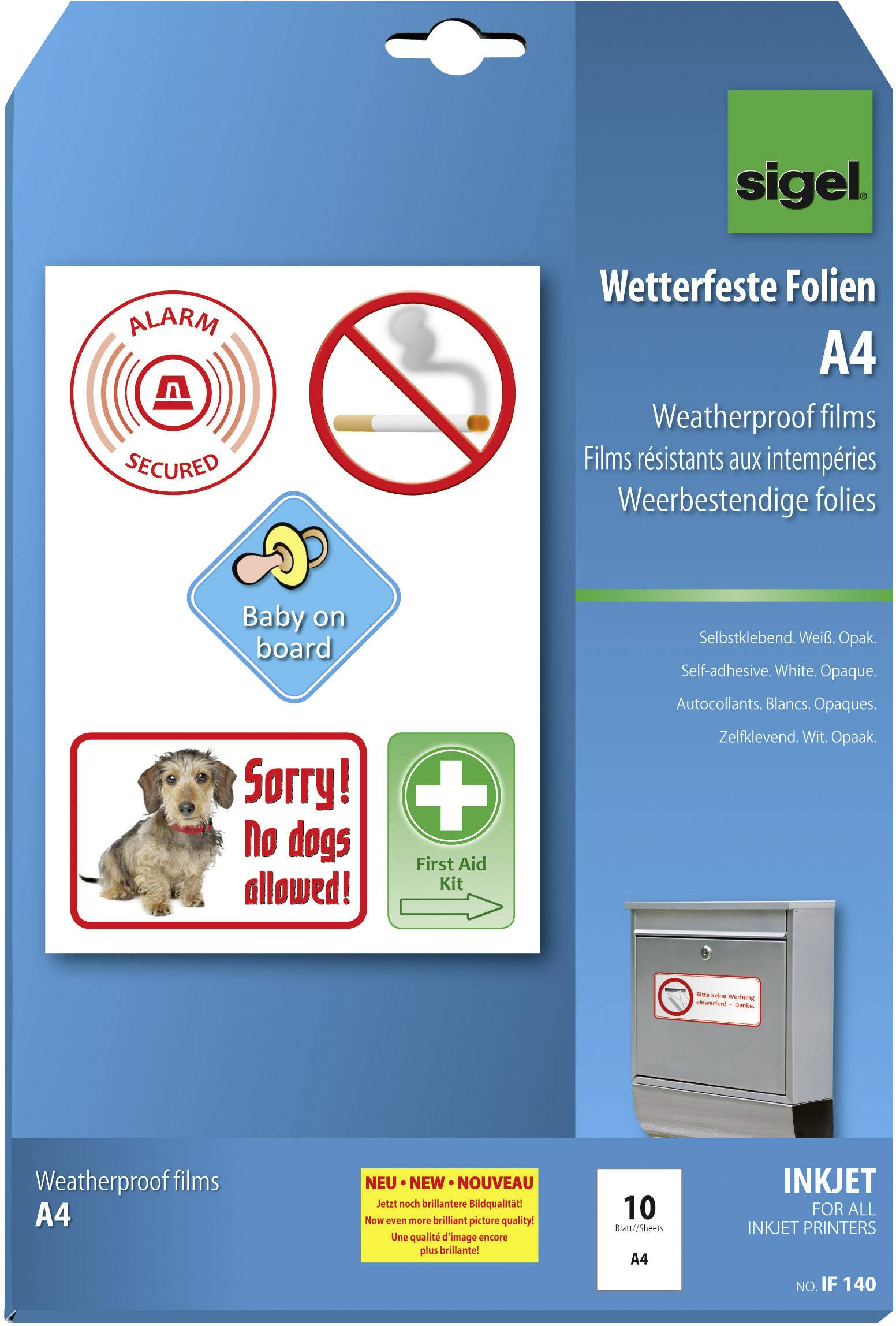 Vejrbestandige film til blækprintere, A4, 10 stk.: Indeholder eksempler på sikkerheds- og advarselsskilte som 'Hunde forbudt!' og 'Baby ombord'.