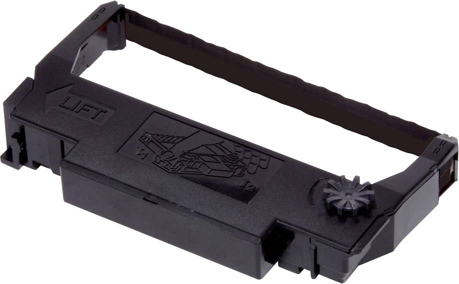 Farvbåndskassette til printer, sort plastikkassette med synligt bånd og tandhjul, påtrykt vejledning viser monteringsanvisninger.