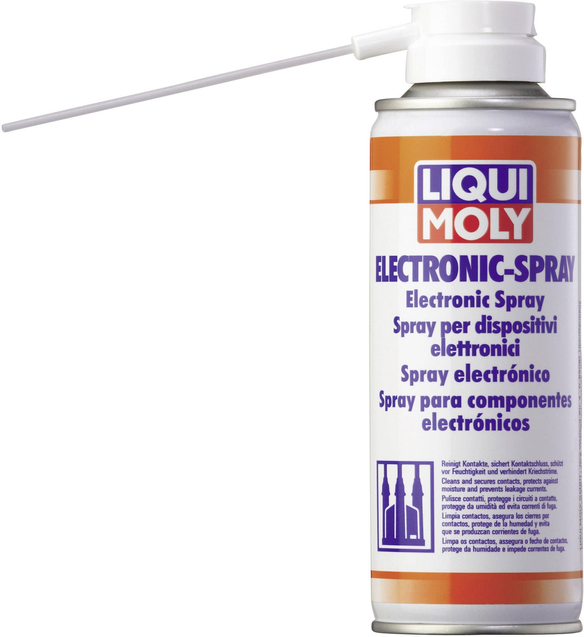 Spraydåse med påskriften 'Liqui Moly Electronic-Spray' på flere sprog, til rengøring og pleje af elektroniske dele.