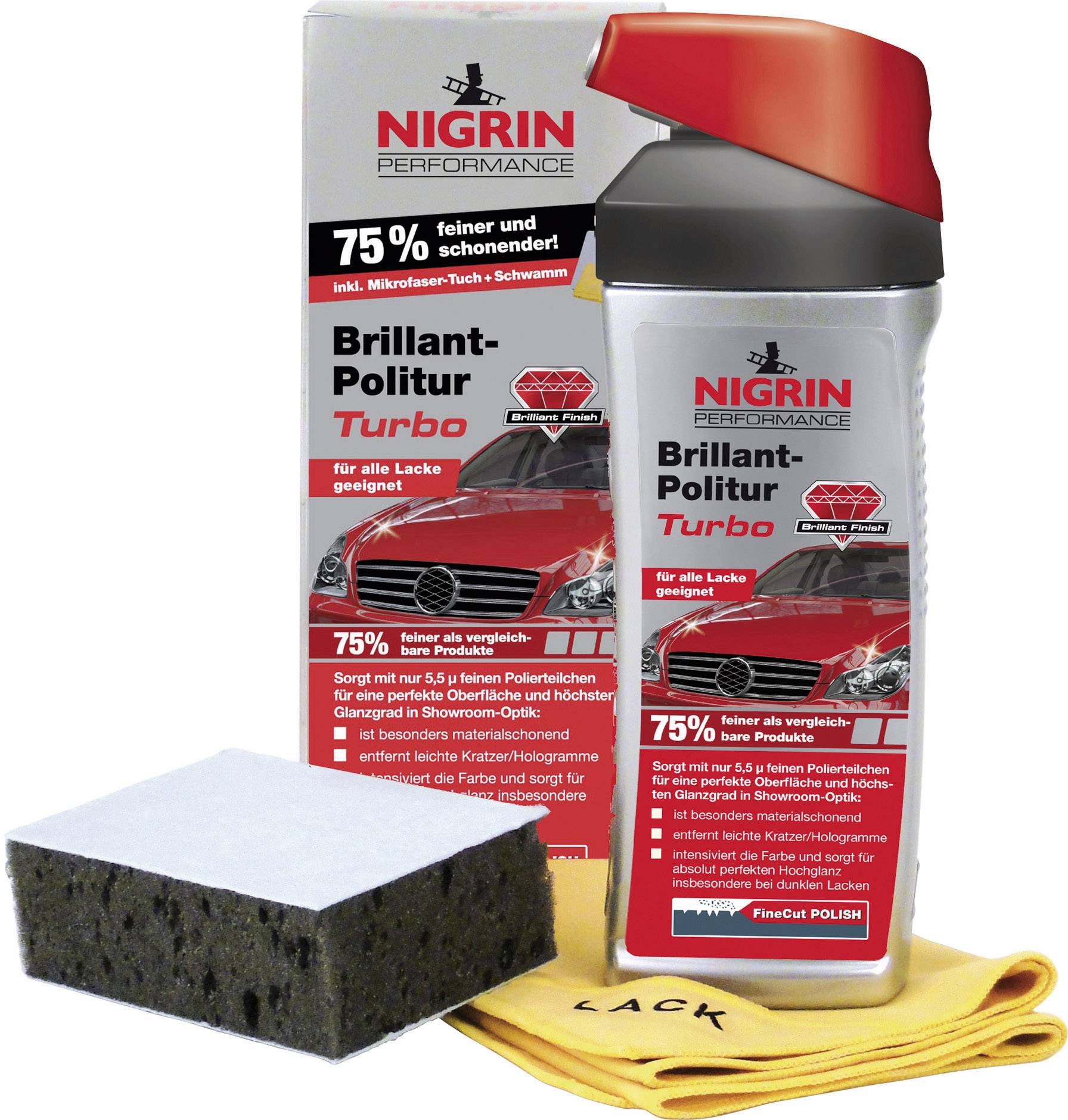 Nigrin Performance Brilliant-Polish Turbo' Bilpleje-sæt med svamp og klud. Egnet til alle laktyper, giver glans og beskyttelse.