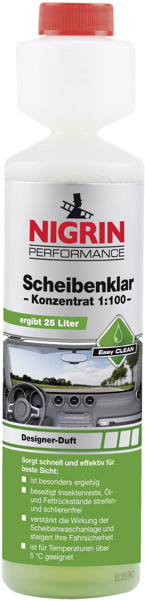 Flaske Nigrin Rudeklarerer Koncentrat 1:100 med 25 liters rækkevidde. Giver klar udsigt, fjerner snavs og har designer-duft.