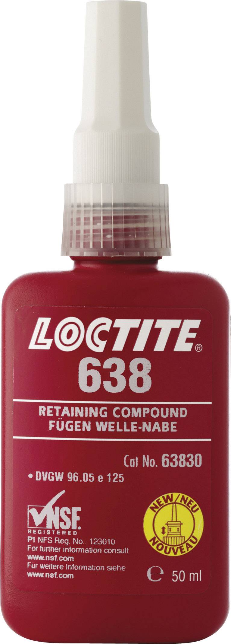 Rød flaske med påskriften 'Loctite 638 Retaining Compound'. Bruges til fastgørelse af komponenter. Indhold: 50 ml.