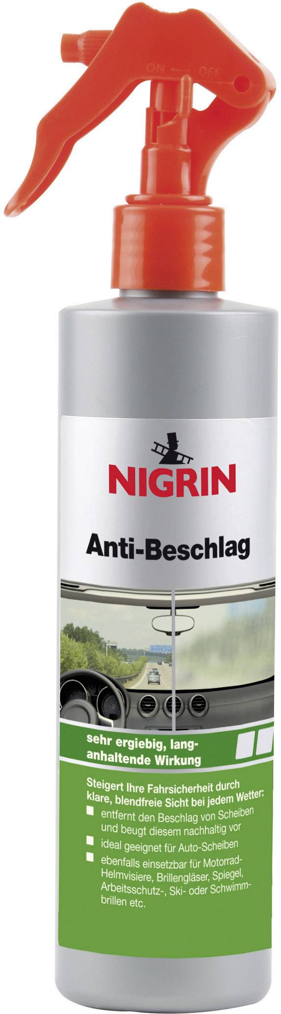 Sprayflaske med etiket 'NIGRIN Anti-Dugning'. Indeholder anti-dugmiddel til klare bilruder, virker under alle vejrforhold.