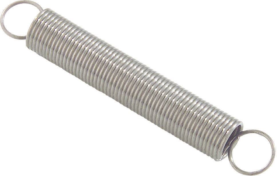 Spiralfjeder med kroge i begge ender, fremstillet af metal, på hvid baggrund. Den bruges ofte til spændingsoptagelse i maskiner.