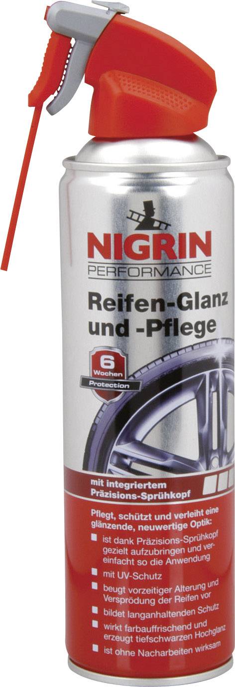 'NIGRIN Dæk-Glans og -Pleje Spray. Beskytter og plejer dæk med UV-beskyttelse, glanseffekt og farvefornyelse.'