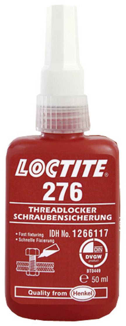 'Loctite 276' skruesikring i rød flaske, 50 ml. Tekst: 'Hurtig fiksering', 'Skruesikring', kvalitet fra 'Henkel'.